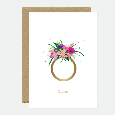 Carte de mariage Flower Ring, avec illustration de bague fleurie et couleurs éclatantes.