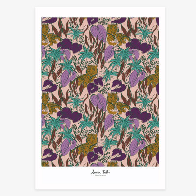 Affiche Bengale Sonia Talbi 30x40cm avec tigres dans jungle tropicale vintage.