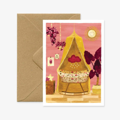 Carte de Naissance 'Girl Bedroom' aux tons doux de rose et jaune.