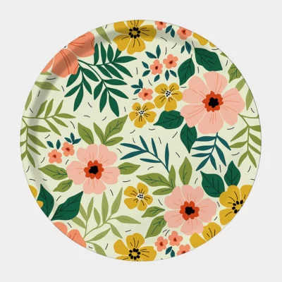 Plateau rond Floraison Maison Joliette en bouleau illustré, fait main, 38 cm.