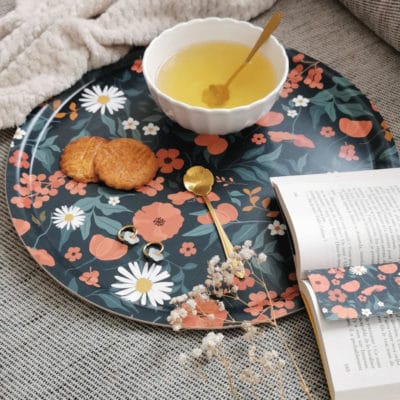 Plateau rond Jardin botanique, placage bouleau, 38cm, Maison Joliette.