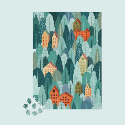 Puzzle 500 pièces, Du vent dans les cimes, maison Joliette, forêt turquoise et orange.