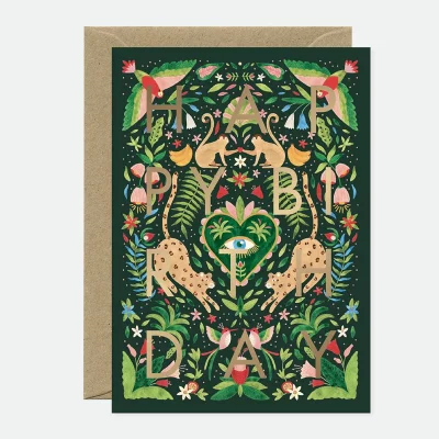 Carte d'anniversaire Green Jungle Bday avec motifs végétaux et animaux luxuriants.