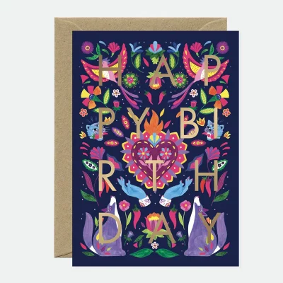 Vibrante Carte d'anniversaire Mexican Bday avec détails en dorure.