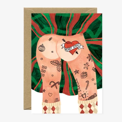 Humouristique carte de vœux Santa Tatoo avec Père Noël tatoué, format A6.