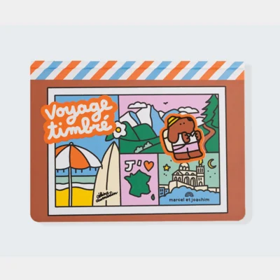 Couverture colorée du livre 'Voyage timbré Marcel et Joachim'.