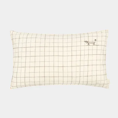 Coussin rectangulaire brodé L1N0 en lin français lavé - Natural grid - Nobodinoz