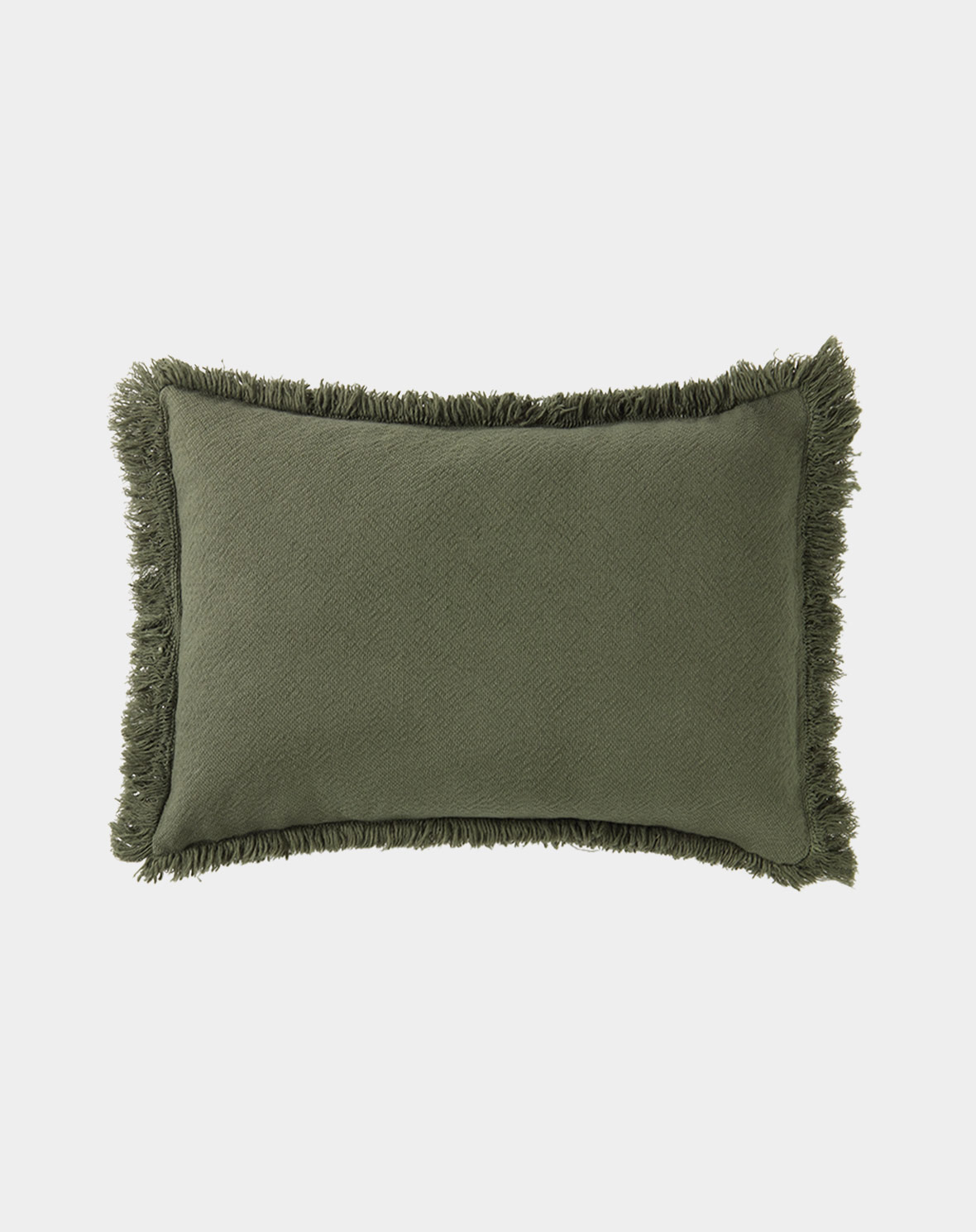 Élégant coussin à franges Landscape en coton lavé Nobodinoz de couleur Vétiver.