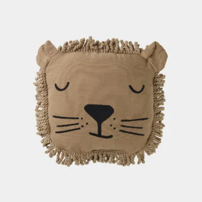 Coussin brodé Lion, style minimaliste, par Nobodinoz, iconique de la marque.