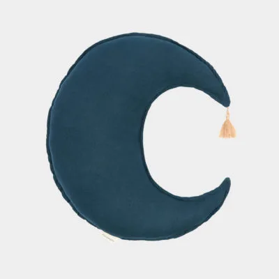 Coussin Lune L1N0 bleu nuit en lin français lavé Nobodinoz idéal pour enfants.