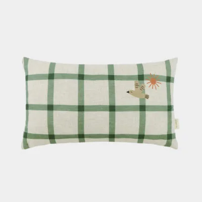 Coussin rectangulaire Nobodinoz en lin français avec motif oiseau vert.
