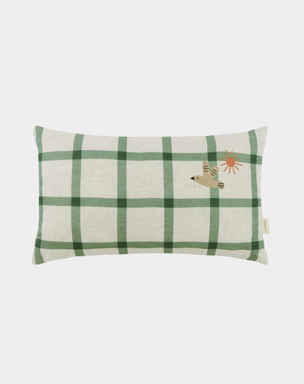 Coussin rectangulaire Nobodinoz en lin français avec motif oiseau vert.