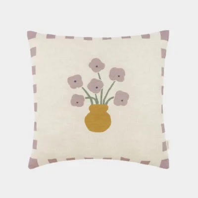 Coussin carré Nobodinoz en lin français, motif Lilac checks flowers, 40x40cm.