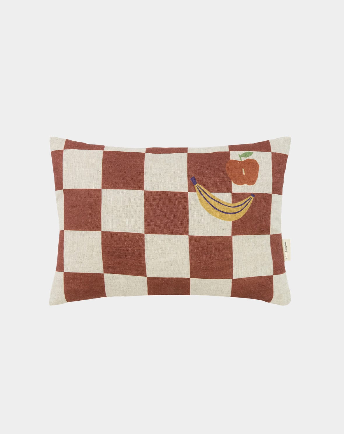 Coussin rectangulaire vibrant en lin français Nobodinoz, motifs Maroon checks fruits.