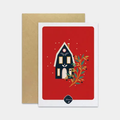 Carte Maisonnette de Noël de Maison Joliette, idéale pour vos vœux festifs.
