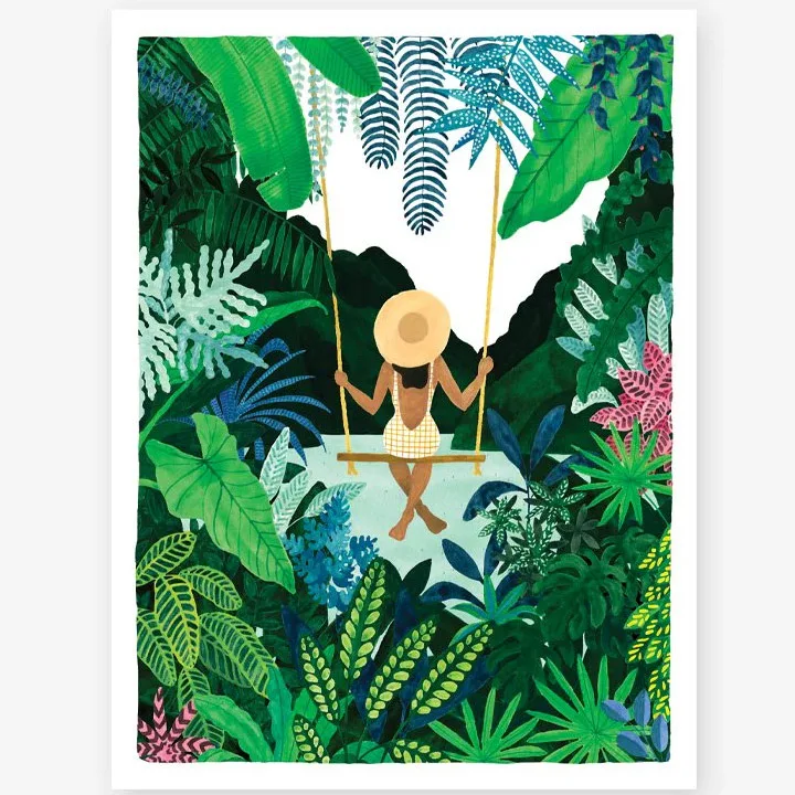 Affiche Swing All the ways to say, femme sur une balançoire au milieu de la végétation