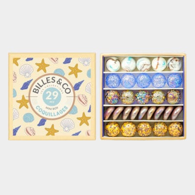 Coffret Coquillages de Billes & Co, assortiment de billes colorées et texturées.