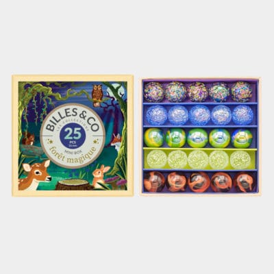 Coffret Forêt Magique Billes & Co, ensemble coloré de 25 billes variées.