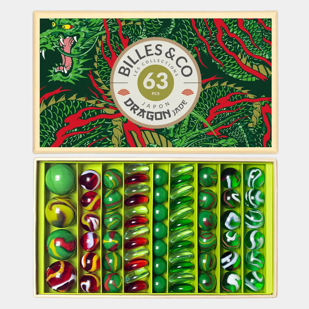 Grand coffret Dragon Jade Billes & Co, ensemble coloré de 63 billes variées.