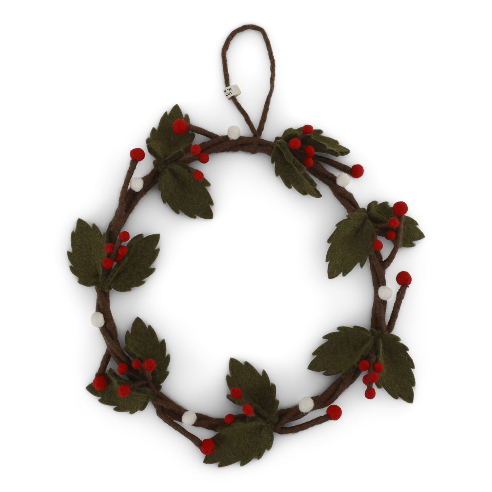 Couronne de houx en feutre Gry & Sif avec feuilles vertes et baies rouges