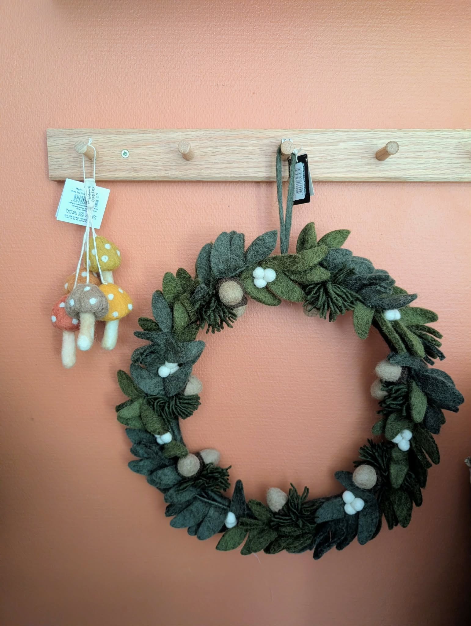Bouquet de champignons en feutre Gry & Sif suspendu près d'une couronne de feuillage en feutre sur un mur terracotta